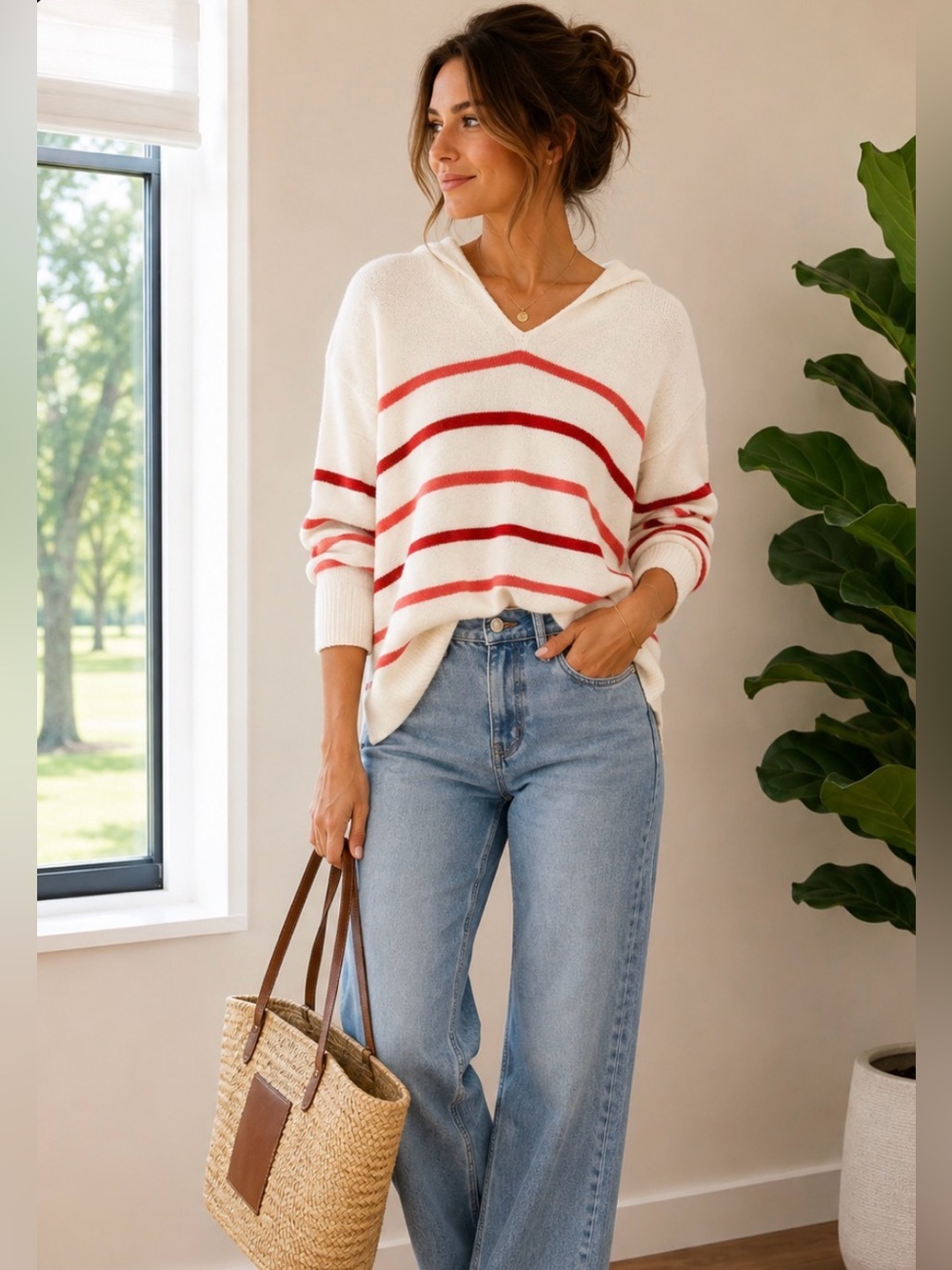 NWT Rachel Zoe Ivory Red Striped Hooded Sweater Size M